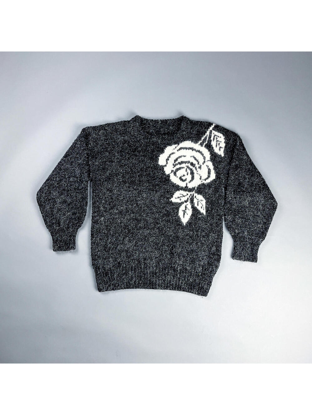 Vintage Graphic Sweater | Dark Gray Women's Fuzzy Knit Jumper w/ White Rose